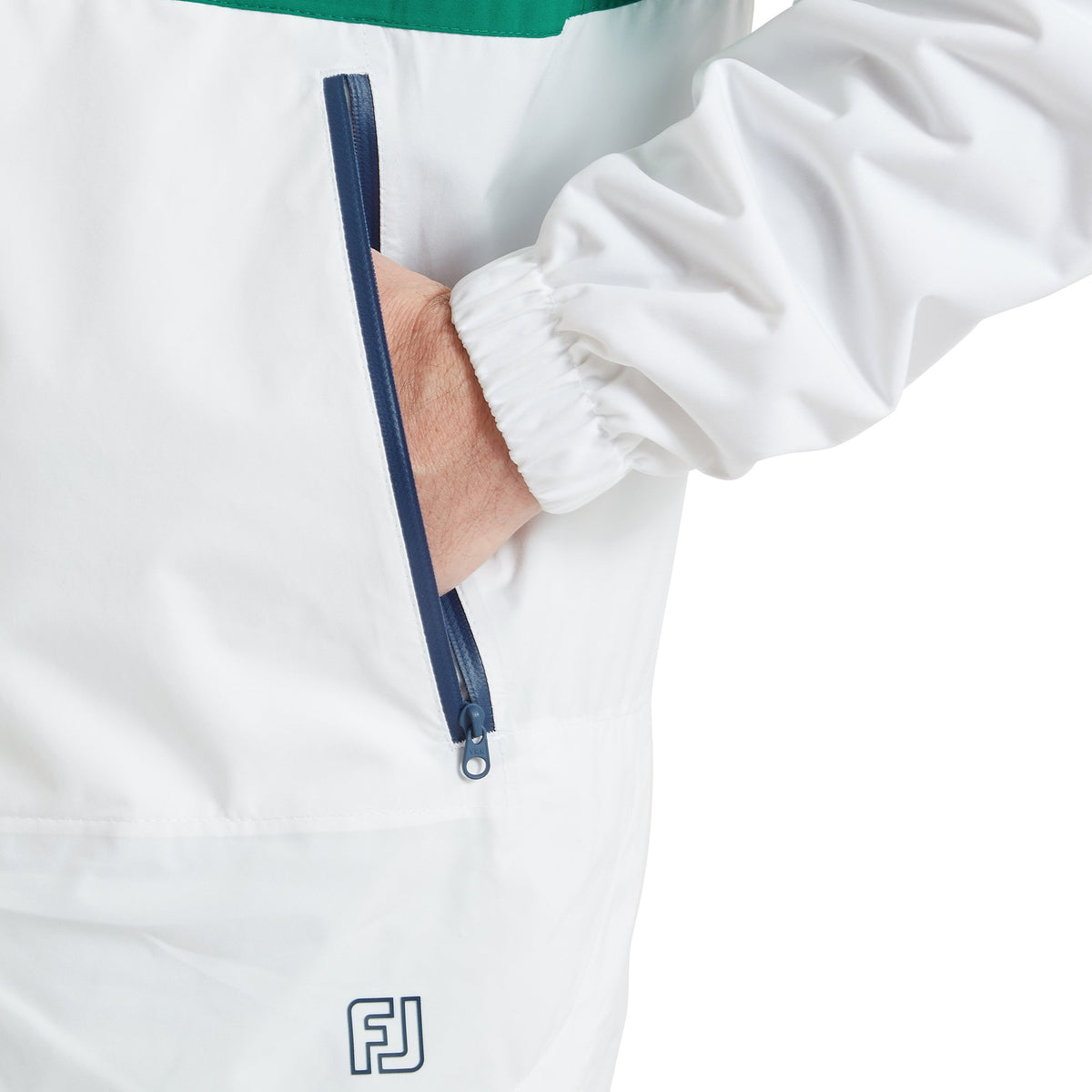 FootJoy HydroLite X Hoodie Colour Block Field Green / White with Navy Zipper