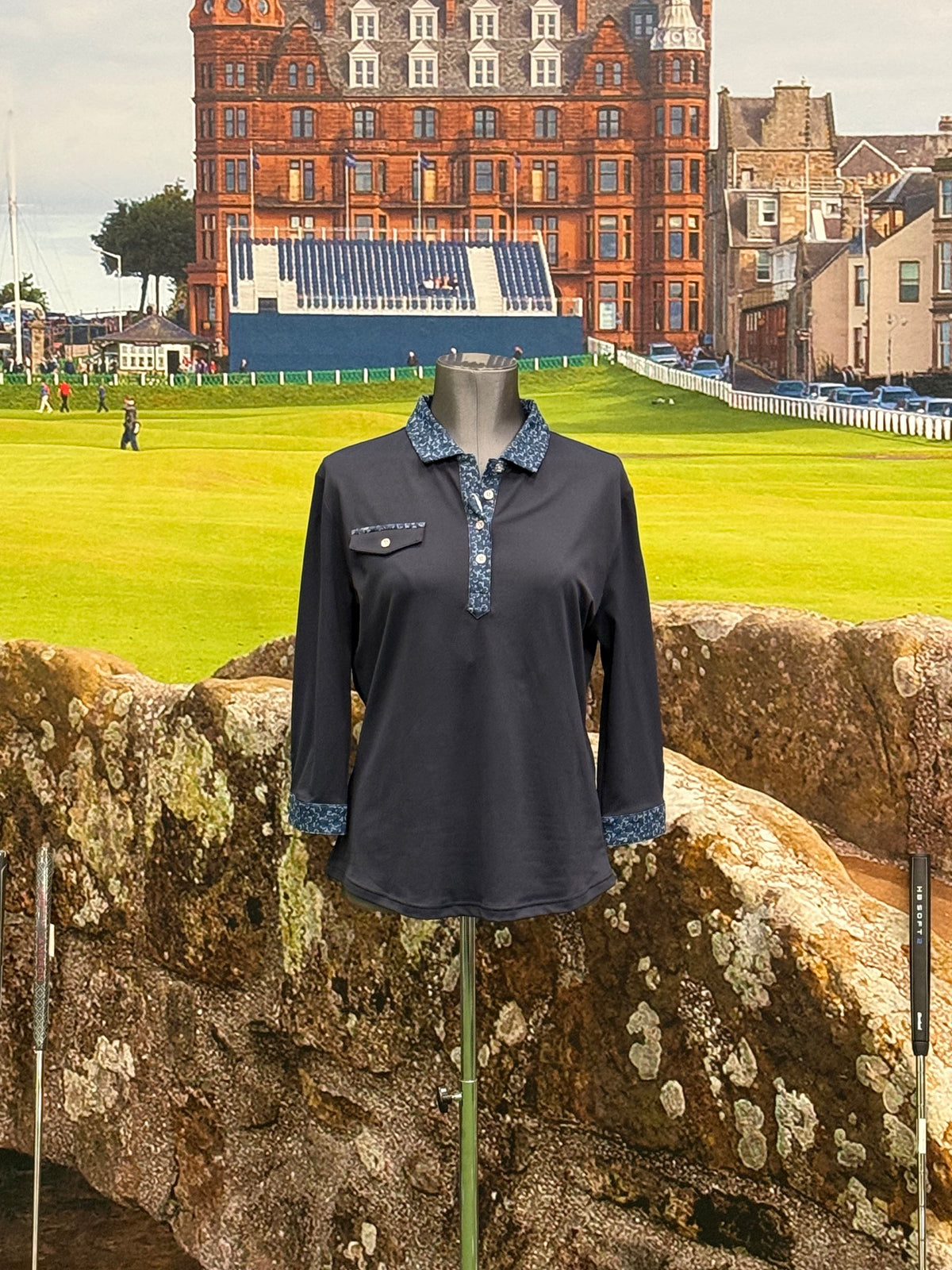FootJoy 3/4 Sleeve Pique Print Polo Navy - voorkant