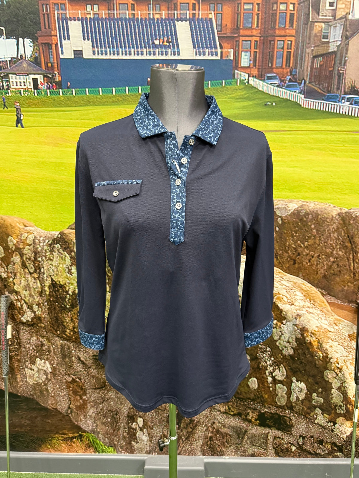FootJoy 3/4 Sleeve Pique Print Polo Navy - detail