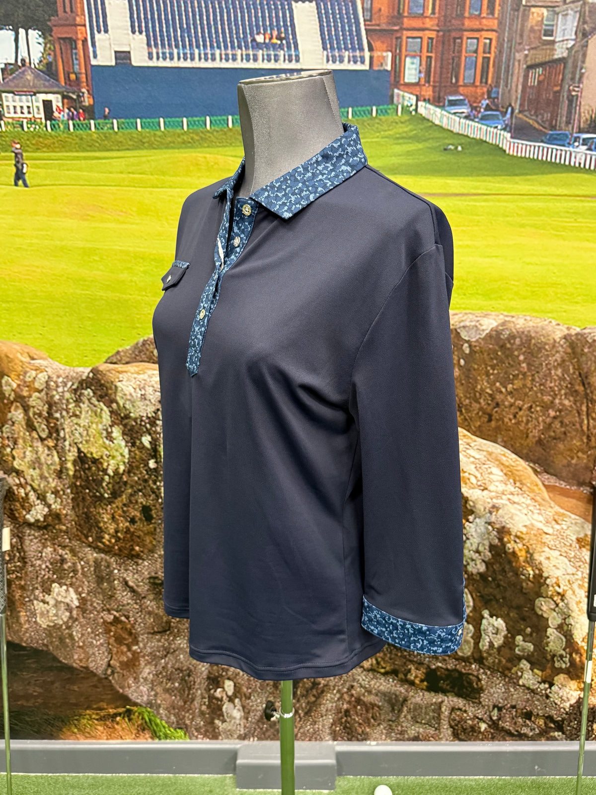 FootJoy 3/4 Sleeve Pique Print Polo Navy - zijkant